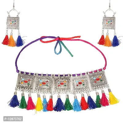 MANODHRUVA German Silver Oxidised Afghani Style Meenakari Touch Tassel with Cotton Threads Choker Necklace Set with Earrings Jewellery Set for Women  Girls (Multicolor)