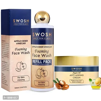 SWOSH Face Wash  Serum Combo Apple Face Wash 200Ml Tone Cleanser | Anti Ageing Cream 50 gm