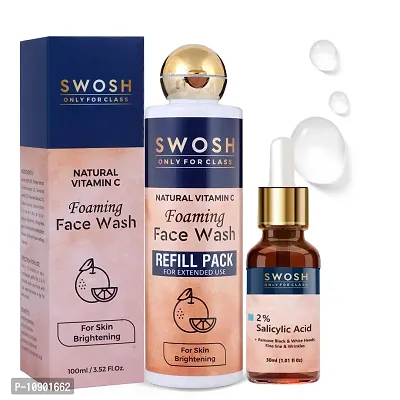 SWOSH Skincare Combo Vitamin C Skin Brightening Foaming FaceWash 200 ml|2% Salicylic Acid Serum 30ml