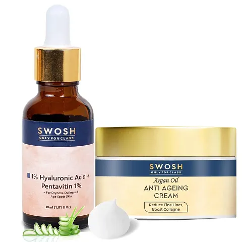 SWOSH Ayurvedic Skin Care Combo - Anti Ageing Face Day and Night Cream 50 gram With 1% Hyaluronic Acid Serum 30 ML Lightweight Hydrating Moisturizer Serum - 100% Vegan and Natural