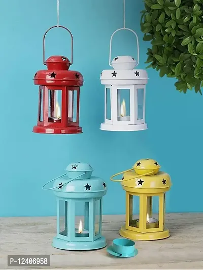 Next In Crafts Metal Hanging Lanterns Lamp I Tealight Holder with Tealight I Hanging Light for Indoor/Outdoor Home Decor (Pack of 2) (Yellow, White, Blue, Red)-thumb0