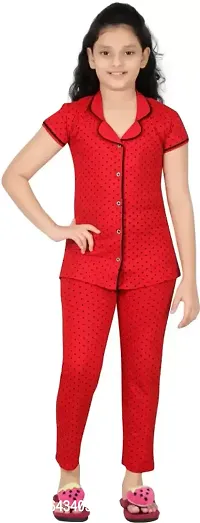 Stylish Red Cotton Printed Night Wear Top And Bottom Set For Women-thumb0