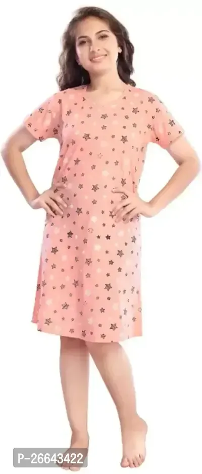 Stylish Pink Cotton Printed Night Dress For Women-thumb0