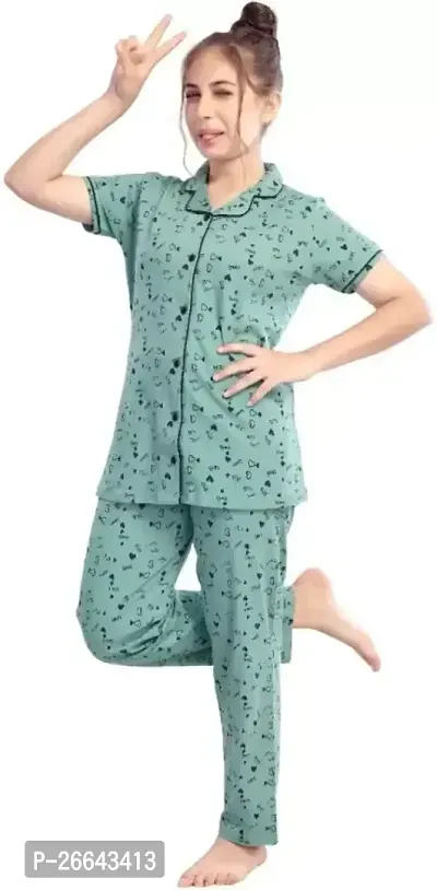 Stylish Green Cotton Printed Night Wear Top And Bottom Set For Women