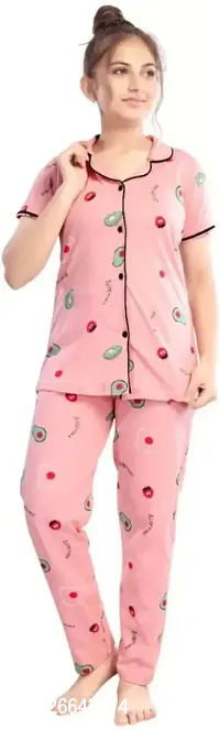 Stylish Pink Cotton Printed Night Wear Top And Bottom Set For Women