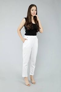 Womens White Cotton Trousers  Pants-thumb1