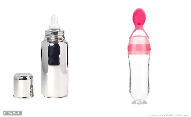 Aabhir Traders Feeding Bottle for Baby Stainless Steel with Spoon BPA Free Non Toxic Silicone- Combo Pack