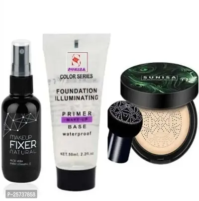 Aabhir Traders BB and CC Cream Foundation With Mushroom Head Air Cushion 20g and 1 Matte Fixer with 1 Foundation Illuminating Base Primer - (Pack of 3)