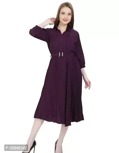 Womens Crepe Pleated Band Collar with Belt Knee Length One Piece Dress Wine-thumb0