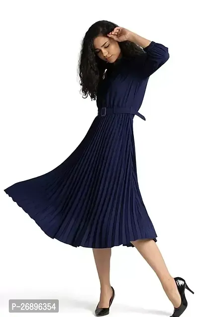 Womens Crepe Pleated Band Collar with Belt Knee Length One Piece Dress