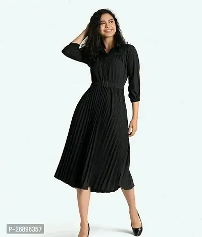 Womens Crepe Pleated Band Collar with Belt Knee Length One Piece Dress Black