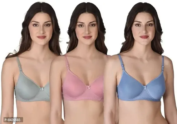 Saklana Women's Cotton Lightly Padded Non-Wired T-Shirt Bra Combo Pack of 3