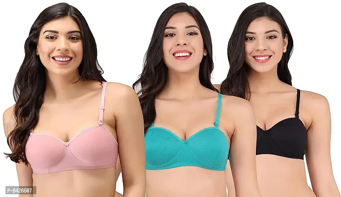 Saklana Women's Cotton Lightly Padded Non-Wired T-Shirt Bra Combo Pack of 3-thumb0