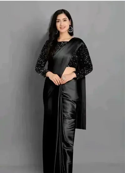 Satin Silk Solid Saree With Velvet Sequence Blouse Piece