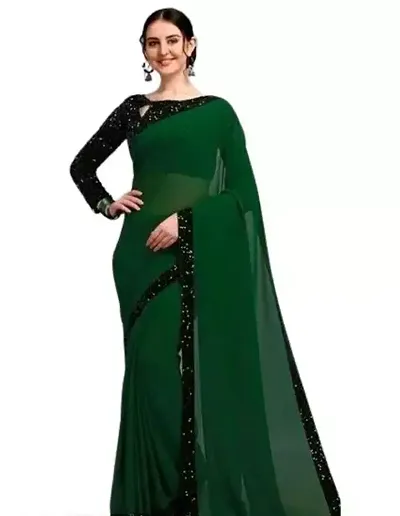 KHATUPATI CREATIONWomen's Solid Georgette LightWeight Casual Wear Lace Border saree with Unstitched Blouse Piece (DarkGreen)