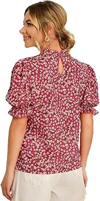 Smowkly Floral Print Puff Sleeves Ruffled Round Neck Collar Tops for Girls Women (Maroon,XL)-thumb2