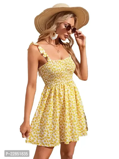 SMOWKLY Ditsy Floral Print Ruffle Trim Cami Dress Yellow-thumb0