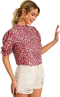 Smowkly Floral Print Puff Sleeves Ruffled Round Neck Collar Tops for Girls Women (Maroon,XL)-thumb4