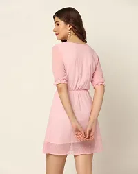 SMOWKLY A-Line V Neck Knee Length Puff Sleeve Dress for Woman-thumb1