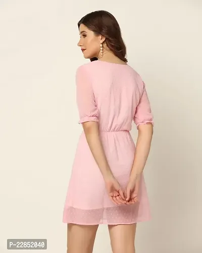 SMOWKLY A-Line V Neck Knee Length Puff Sleeve Dress for Woman-thumb2