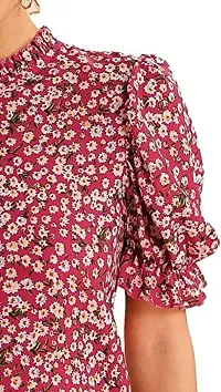 Smowkly Floral Print Puff Sleeves Ruffled Round Neck Collar Tops for Girls Women (Maroon,XL)-thumb1