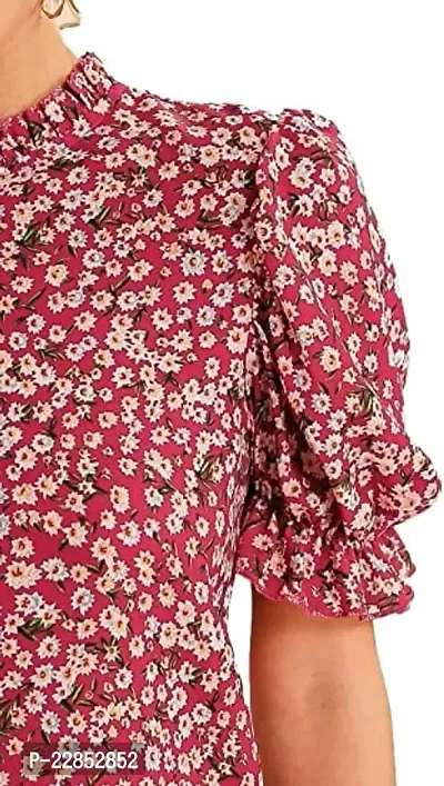 Smowkly Floral Print Puff Sleeves Ruffled Round Neck Collar Tops for Girls Women (Maroon,XL)-thumb2