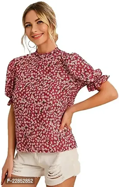 Smowkly Floral Print Puff Sleeves Ruffled Round Neck Collar Tops for Girls Women (Maroon,XL)-thumb0
