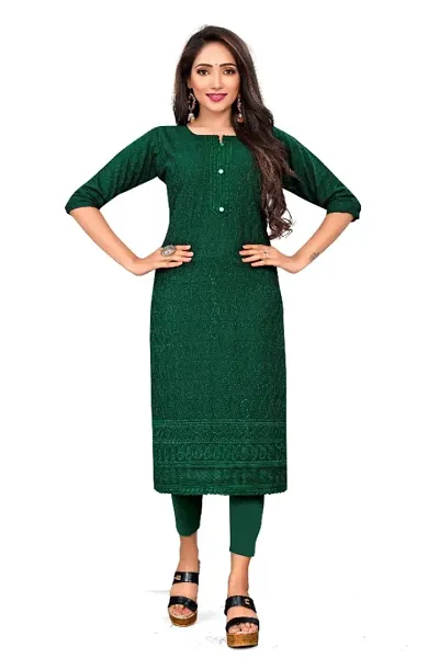 Womens Rayon Viscose Chikankari Kurti Colour Bottle-Green