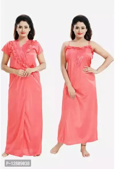 Elegant Pink Satin Solid 2 Pcs Nighty For Women