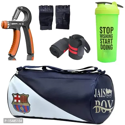 JAISBOY Combo Set Gym Bag with Gym Gloves with Blue Wrist Support Band and Stop Green Bottle and Hand Gripper (FCB)