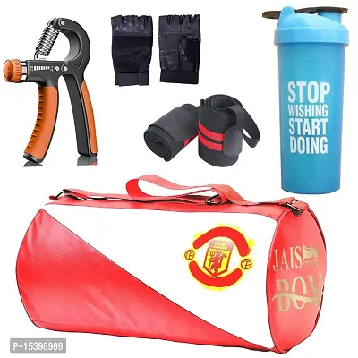 JAISBOY Combo Set Gym Bag with Gym Gloves with Red Wrist Support Band and Stop Blue Bottle and Hand Gripper (red)-thumb0