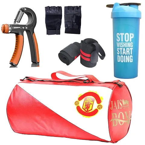 JAISBOY Combo Set Gym Bag with Gym Gloves with Red Wrist Support Band and Stop Blue Bottle and Hand Gripper