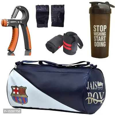 JAISBOY Combo Set Gym Bag with Gym Gloves with Wrist Support Band and Stop Bottle and Hand Gripper (FCB)