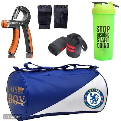 JAISBOY Combo Set Gym Bag with Gym Gloves with Blue Wrist Support Band and Stop Green Bottle and Hand Gripper (Blue)