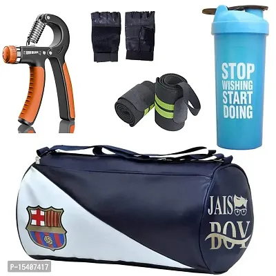 JAISBOY Combo Set Gym Bag with Gym Gloves with Wrist Support Band and Stop Blue Bottle and Hand Gripper (FCB)