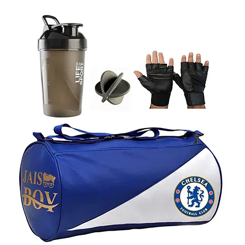 Gym Bag Combo Sports Men's Combo of Leather Gym Bag, Life Shake Bottle with Black Gloves Fitness Kit Accessories