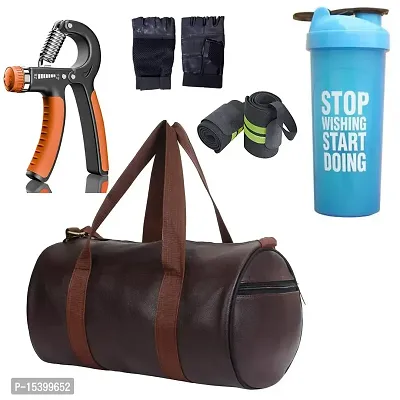 JAISBOY Combo Set Gym Bag with Gym Gloves with Wrist Support Band and Stop Blue Bottle and Hand Gripper (Brown)