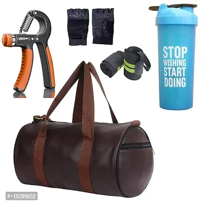 JAISBOY Combo Set Gym Bag with Gym Gloves with Wrist Support Band and Stop Blue Bottle and Hand Gripper (Brown)-thumb0