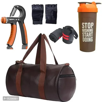 JAISBOY Combo Set Gym Bag with Gym Gloves with Blue Wrist Support Band and Stop ORG Bottle and Hand Gripper (Brown)