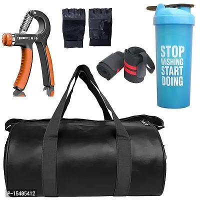 JAISBOY Combo Set Gym Bag with Gym Gloves with Red Wrist Support Band and Stop Blue Bottle and Hand Gripper (Black)