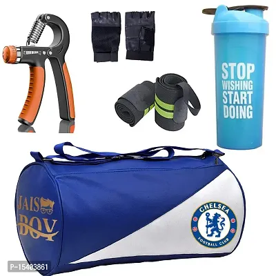 JAISBOY Combo Set Gym Bag with Gym Gloves with Wrist Support Band and Stop Blue Bottle and Hand Gripper (Navy Blue)