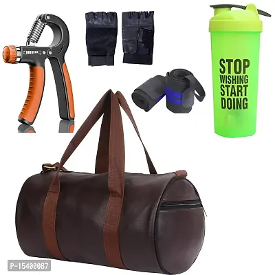 JAISBOY Combo Set Gym Bag with Gym Gloves with Wrist Support Band and Stop Green Bottle and Hand Gripper (Brown)
