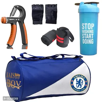 JAISBOY Combo Set Gym Bag with Gym Gloves with Red Wrist Support Band and Stop Blue Bottle and Hand Gripper (Blue)