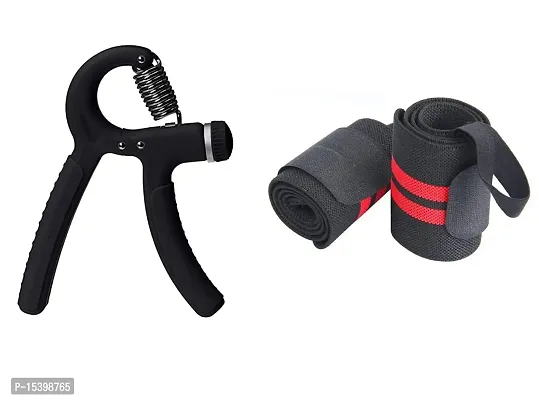 JAISBOY Combo Red Wrist Support Band/Wraps with Thumb Loop Strap  Adjustable Hand Grip Strengthener, Black Hand Gripper for Men  Women for Gym Workout-thumb0