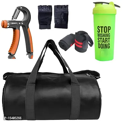 JAISBOY Combo Set Gym Bag with Gym Gloves with Blue Wrist Support Band and Stop Green Bottle and Hand Gripper (Black)