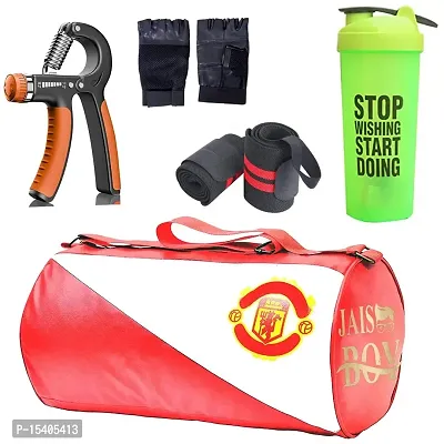 JAISBOY Combo Set Gym Bag with Gym Gloves with Blue Wrist Support Band and Stop Green Bottle and Hand Gripper (red)