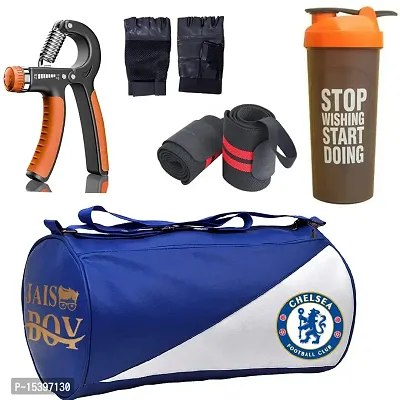 JAISBOY Combo Set Gym Bag with Gym Gloves with Blue Wrist Support Band and Stop ORG Bottle and Hand Gripper (Blue)-thumb0