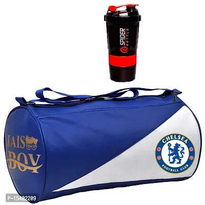 JAISBOY White and Blue Gym Bag Combo Sports Men's Combo of Leather Gym Bag, Spider Bottle RED Fitness Kit Accessories-thumb0