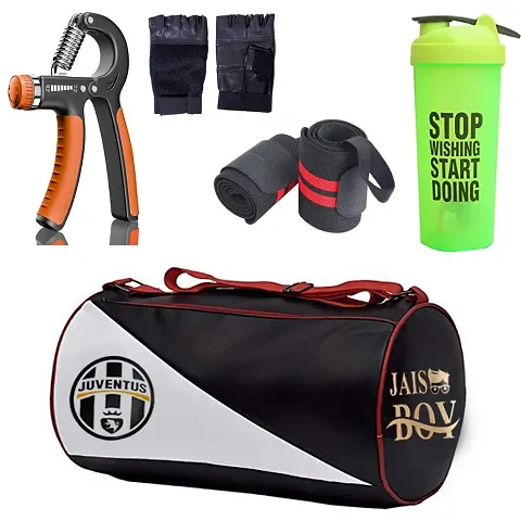JAISBOY Combo Set Gym Bag with Gym Gloves with Blue Wrist Support Band and Stop Green Bottle and Hand Gripper