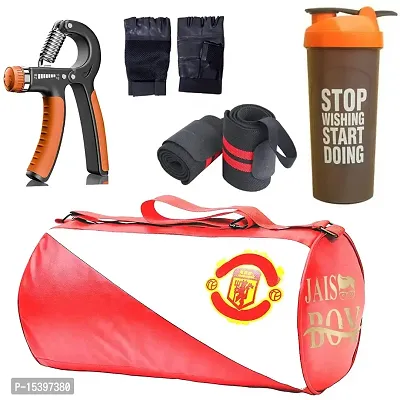 JAISBOY Combo Set Gym Bag with Gym Gloves with Blue Wrist Support Band and Stop ORG Bottle and Hand Gripper (RED)